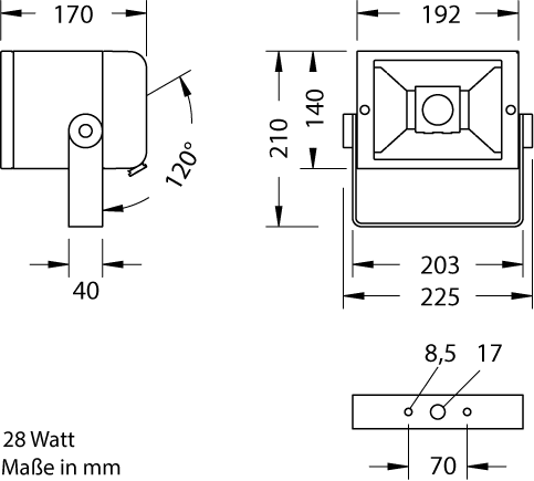 sw22_28watt_masszeichnung_lichtloesung SW 22 Outdoor Scheinwerfer von Lichtloesung.de - Masszeichnung 28 Watt Variante