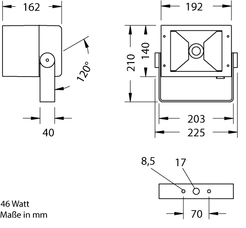 sw22_46watt_masszeichnung_lichtloesung SW 22 Outdoor Scheinwerfer von Lichtloesung.de - Masszeichnung 46 Watt Variante